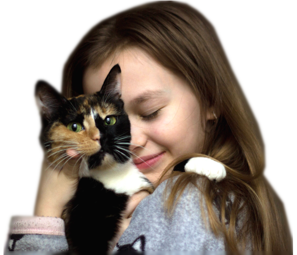 Girl lovingly holds her pet cat